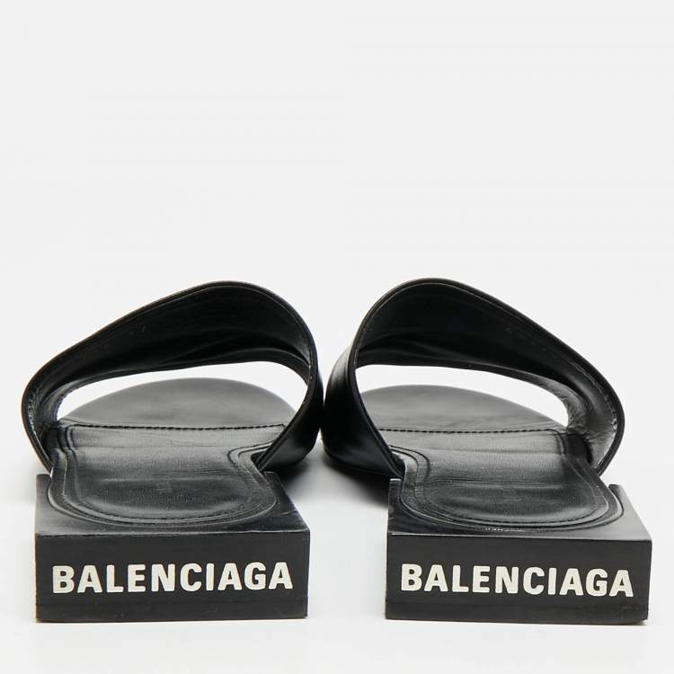 Pre Owned Balenciaga Box Size 37 Black Leather Flat Slides