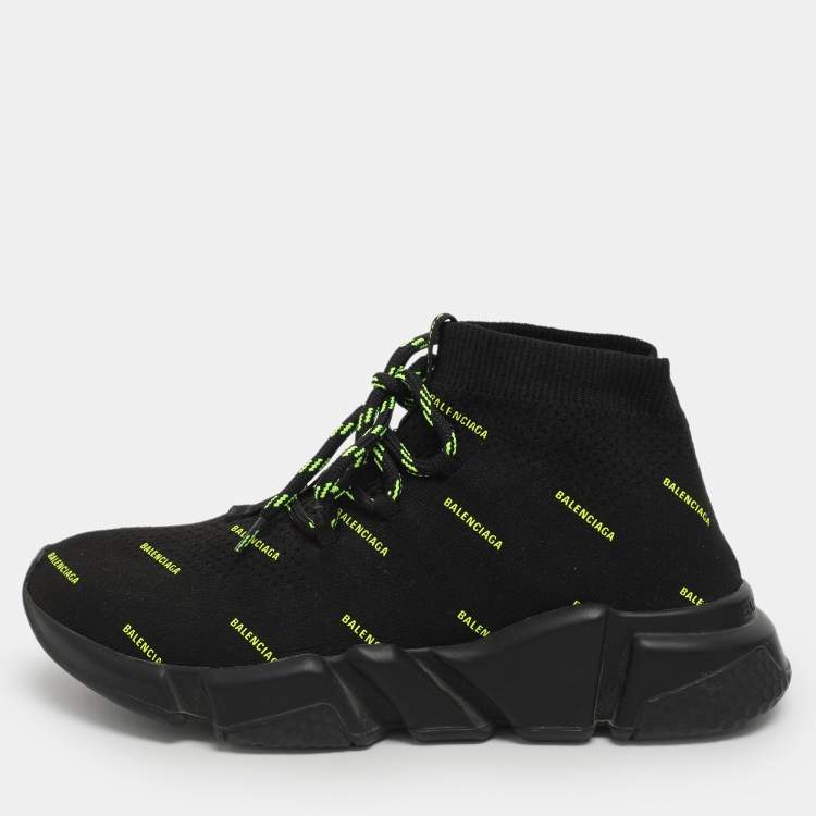 Pre Owned Balenciaga Triple S All Over Logo Size 37 Black Knit Fabric High Top Sneakers