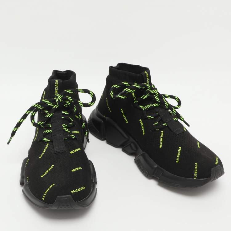 Pre Owned Balenciaga Triple S All Over Logo Size 37 Black Knit Fabric High Top Sneakers