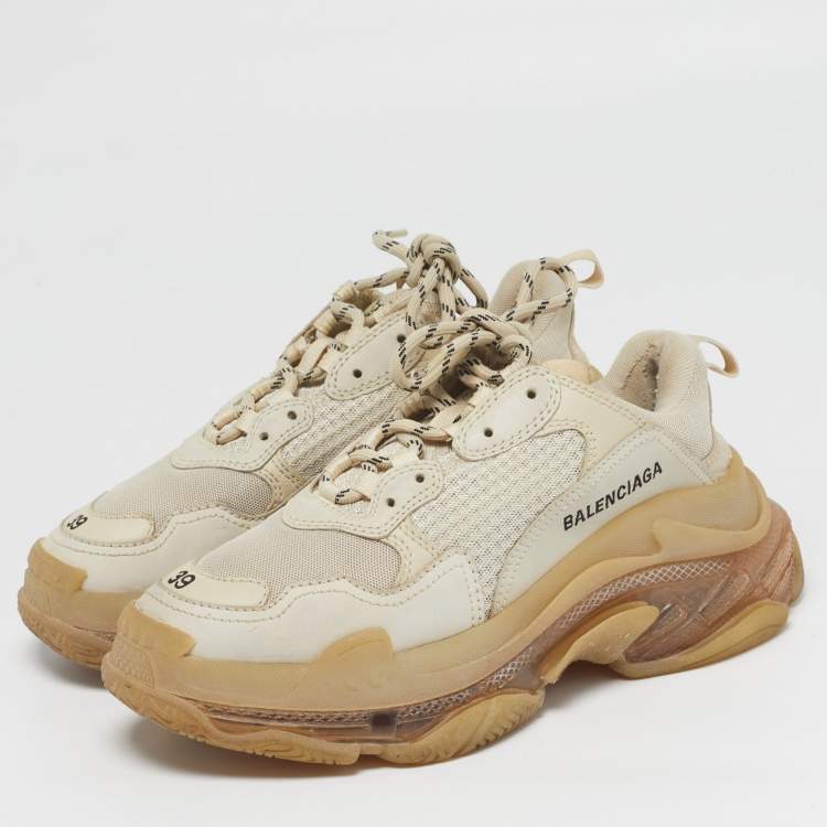 Pre Owned Balenciaga Triple S Clear Size 39 Beige Mesh and Nubuck Leather Low Top Sneakers
