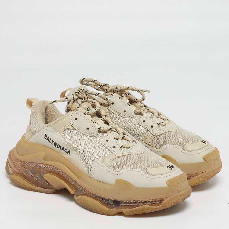 Pre Owned Balenciaga Triple S Clear Size 39 Beige Mesh and Nubuck Leather Low Top Sneakers