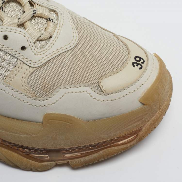 Pre Owned Balenciaga Triple S Clear Size 39 Beige Mesh and Nubuck Leather Low Top Sneakers