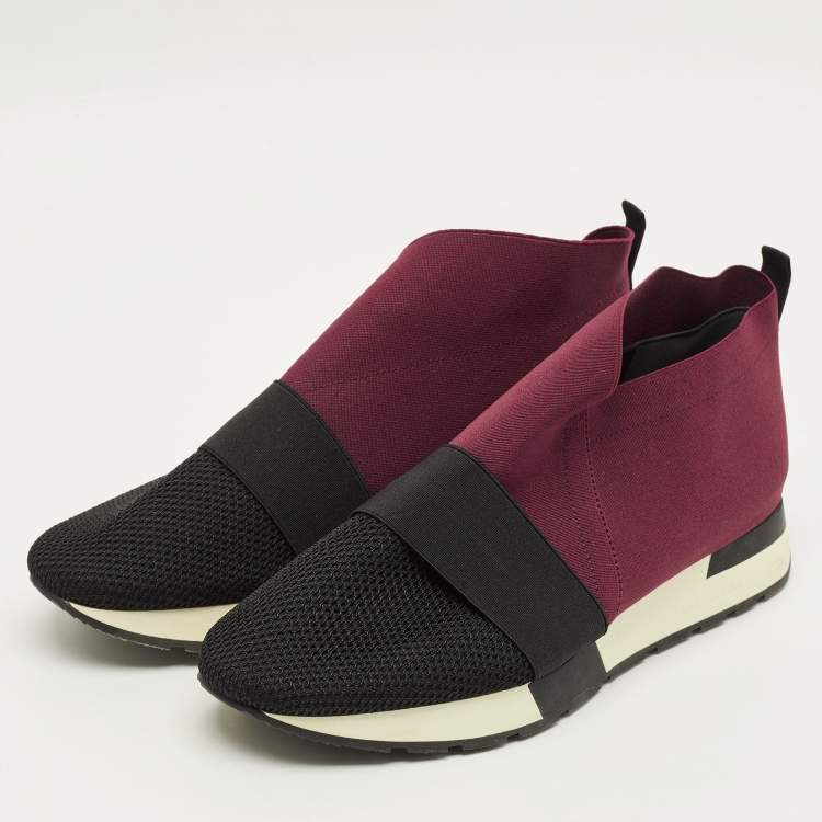 Pre Owned Balenciaga Race Runner Size 41 Black/Burgundy Mesh and Suede High Top Sneakers