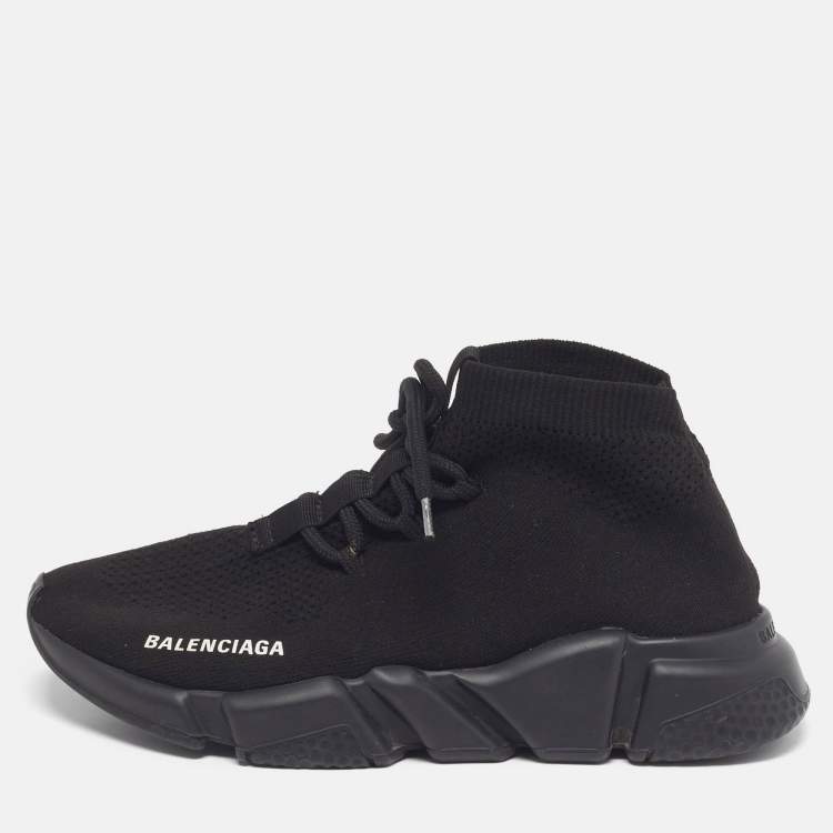 Pre Owned Balenciaga Speed Trainer Size 38 Black Knit Fabric High Top Sneakers