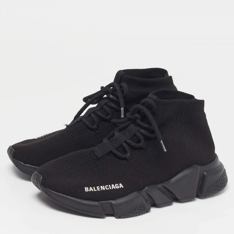 Pre Owned Balenciaga Speed Trainer Size 38 Black Knit Fabric High Top Sneakers