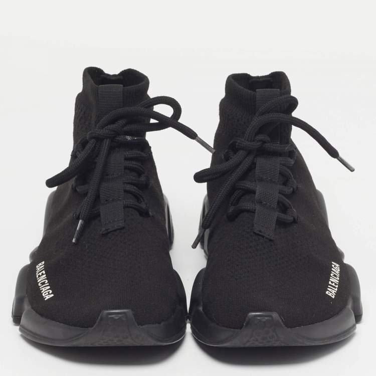 Pre Owned Balenciaga Speed Trainer Size 38 Black Knit Fabric High Top Sneakers