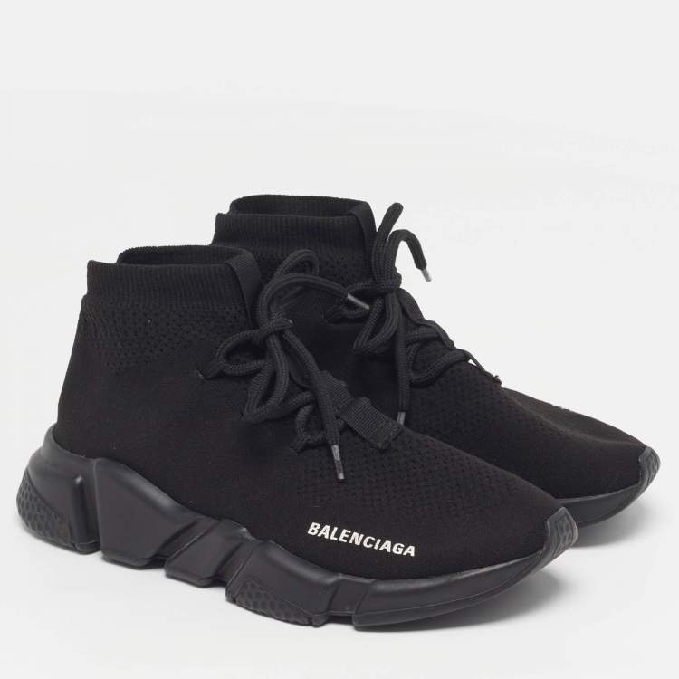 Pre Owned Balenciaga Speed Trainer Size 38 Black Knit Fabric High Top Sneakers