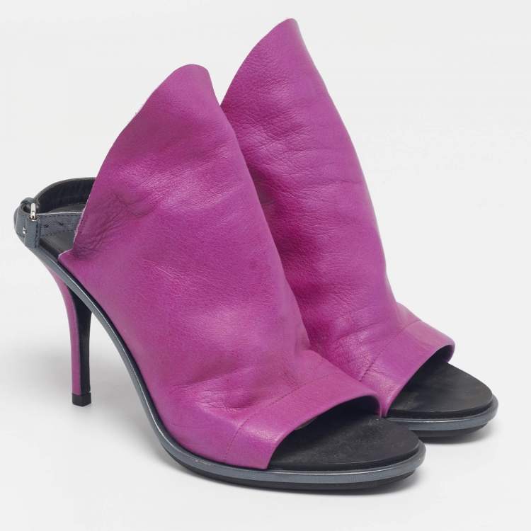 Pre Owned Balenciaga Glove Size 37.5 Purple Leather Slingback Sandals