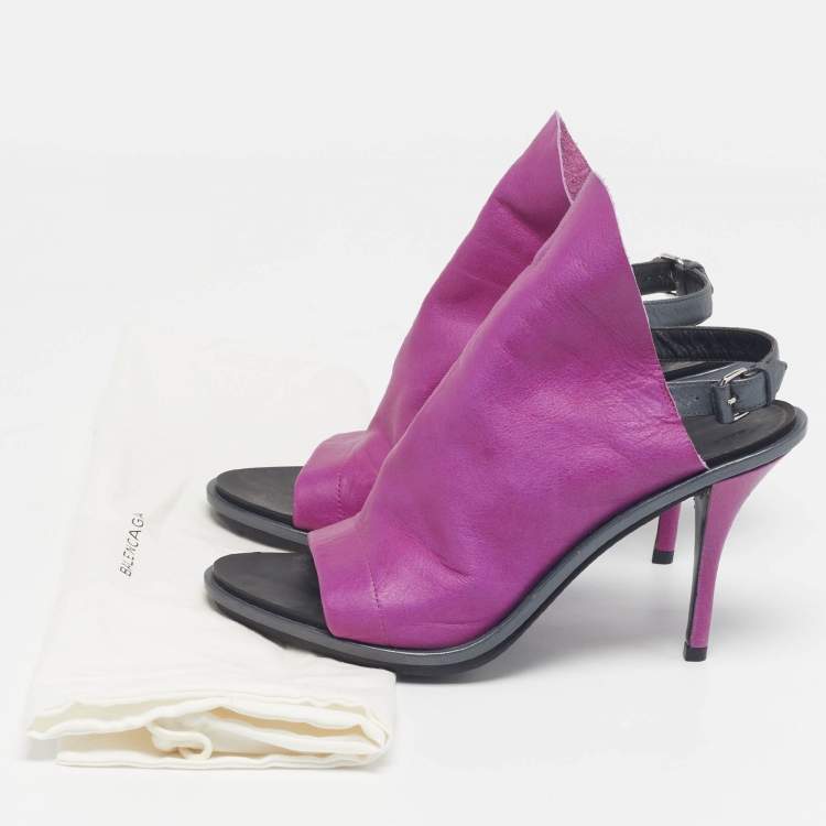 Pre Owned Balenciaga Glove Size 37.5 Purple Leather Slingback Sandals