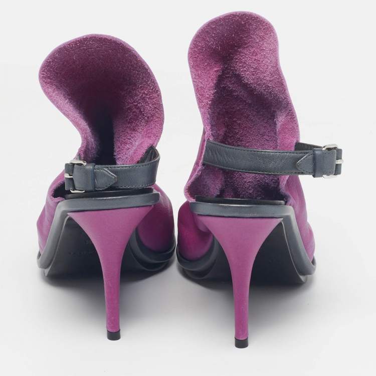 Pre Owned Balenciaga Glove Size 37.5 Purple Leather Slingback Sandals