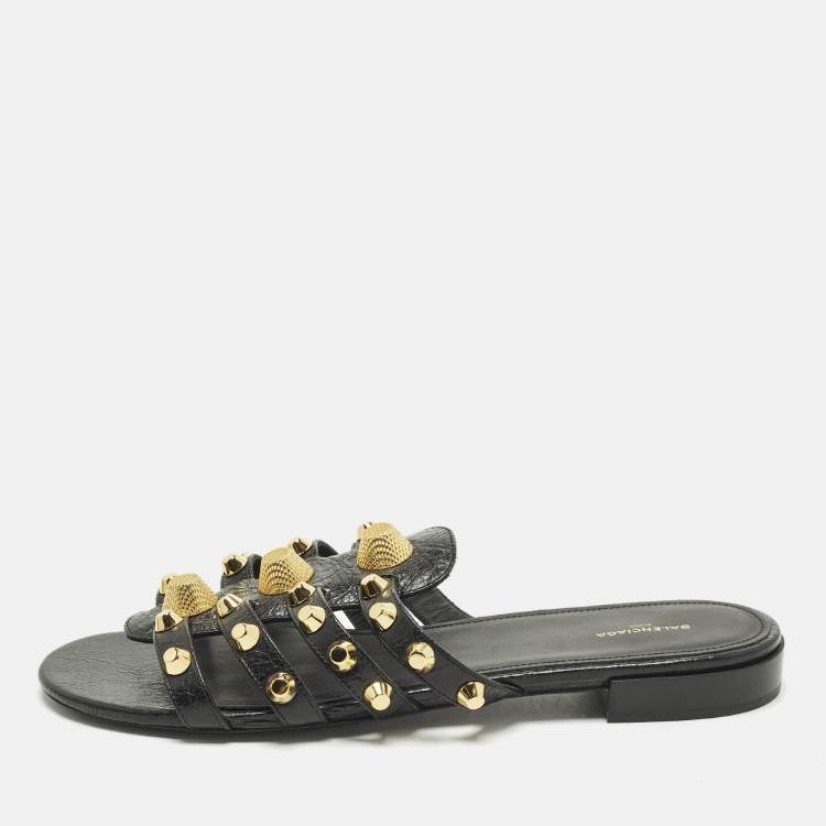 Pre Owned Balenciaga Arena Size 40 Black Leather Studded Flat Sandals