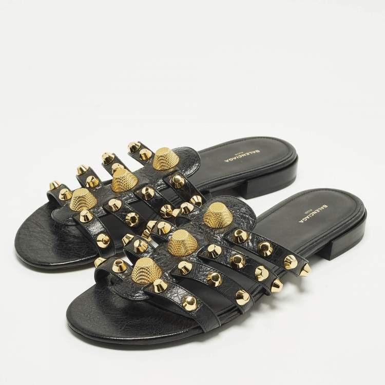 Pre Owned Balenciaga Arena Size 40 Black Leather Studded Flat Sandals
