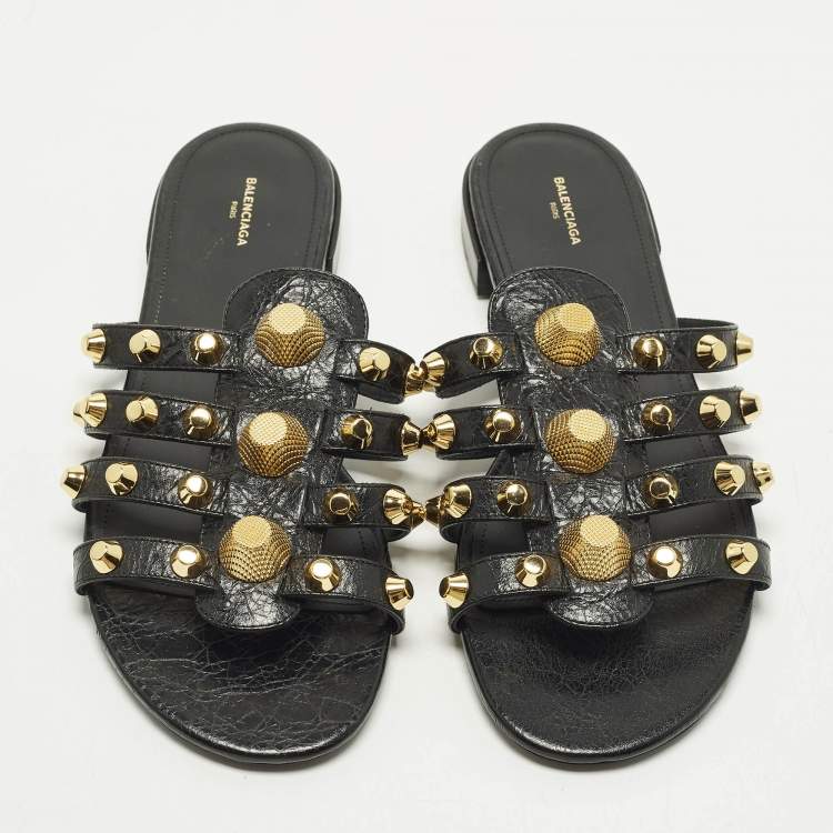 Pre Owned Balenciaga Arena Size 40 Black Leather Studded Flat Sandals