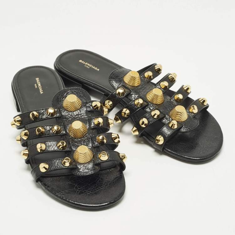Pre Owned Balenciaga Arena Size 40 Black Leather Studded Flat Sandals