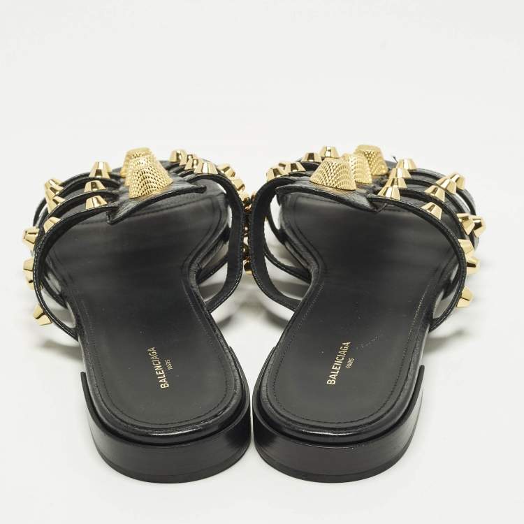 Pre Owned Balenciaga Arena Size 40 Black Leather Studded Flat Sandals