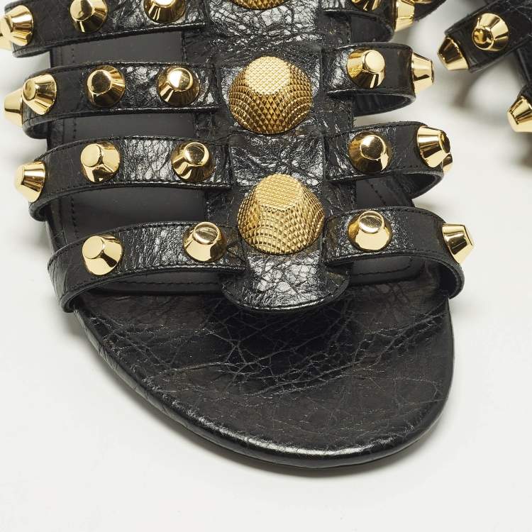 Pre Owned Balenciaga Arena Size 40 Black Leather Studded Flat Sandals