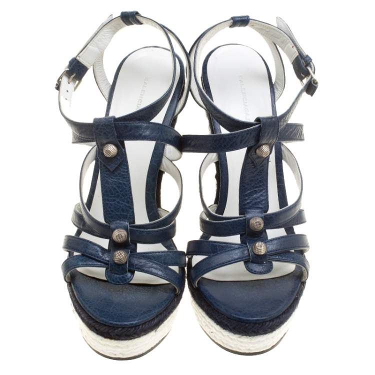 Pre Owned Balenciaga Blue/White Leather Espadrille Wedge Sandals Size 38