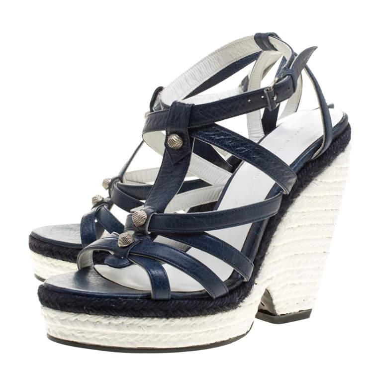 Pre Owned Balenciaga Blue/White Leather Espadrille Wedge Sandals Size 38