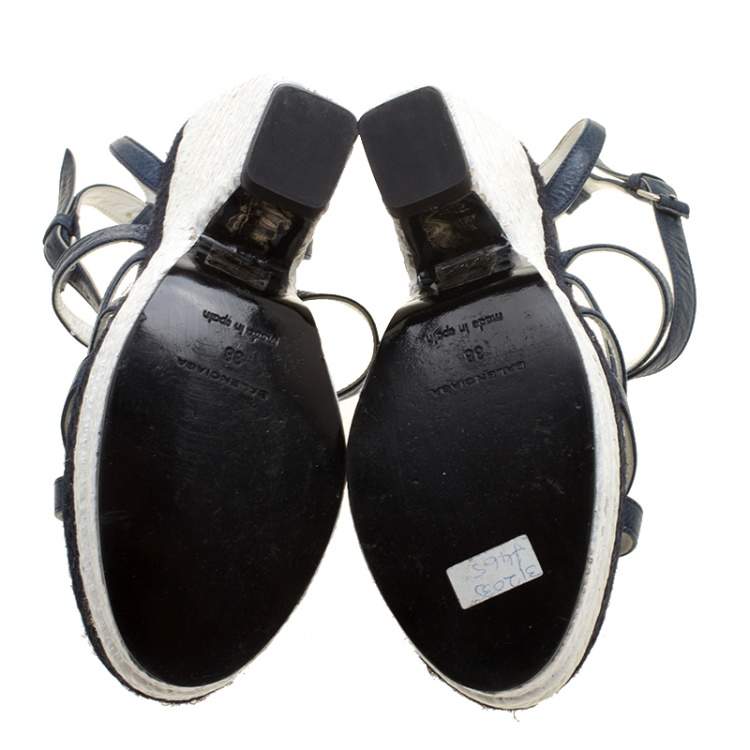 Pre Owned Balenciaga Blue/White Leather Espadrille Wedge Sandals Size 38
