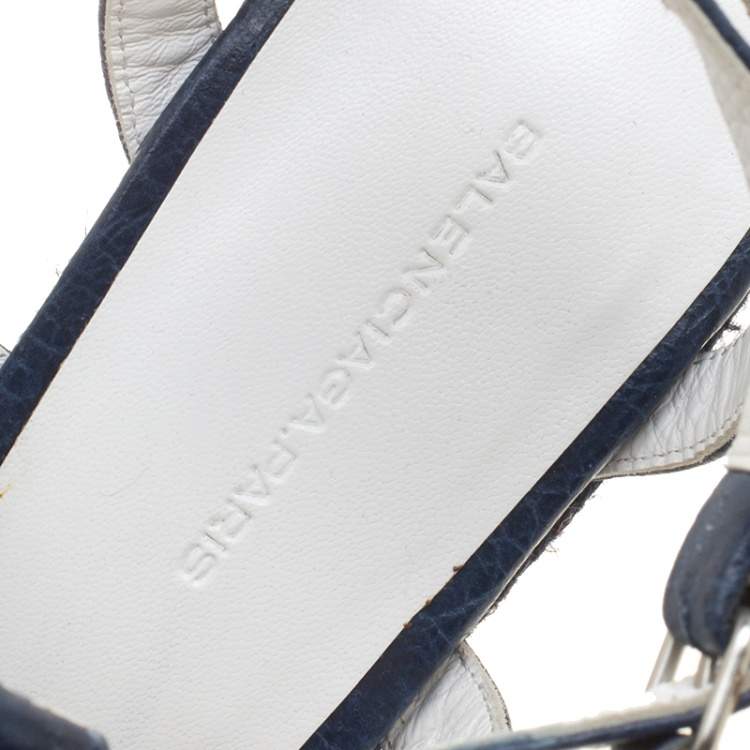 Pre Owned Balenciaga Blue/White Leather Espadrille Wedge Sandals Size 38