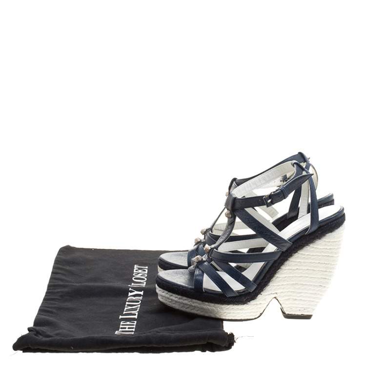 Pre Owned Balenciaga Blue/White Leather Espadrille Wedge Sandals Size 38