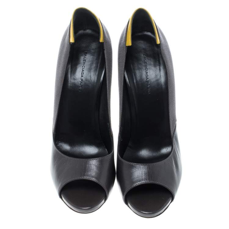 Pre Owned Balenciaga Grey/Yellow Canvas and Leather Peep Toe Pumps Size 38.5