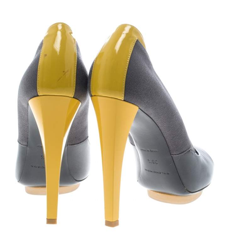 Pre Owned Balenciaga Grey/Yellow Canvas and Leather Peep Toe Pumps Size 38.5