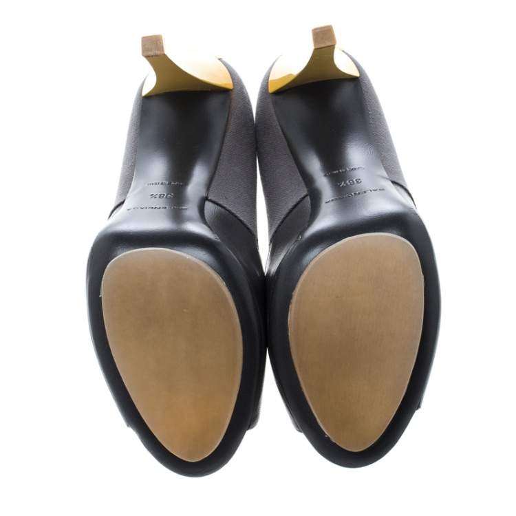 Pre Owned Balenciaga Grey/Yellow Canvas and Leather Peep Toe Pumps Size 38.5