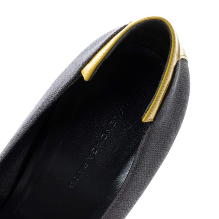 Pre Owned Balenciaga Grey/Yellow Canvas and Leather Peep Toe Pumps Size 38.5