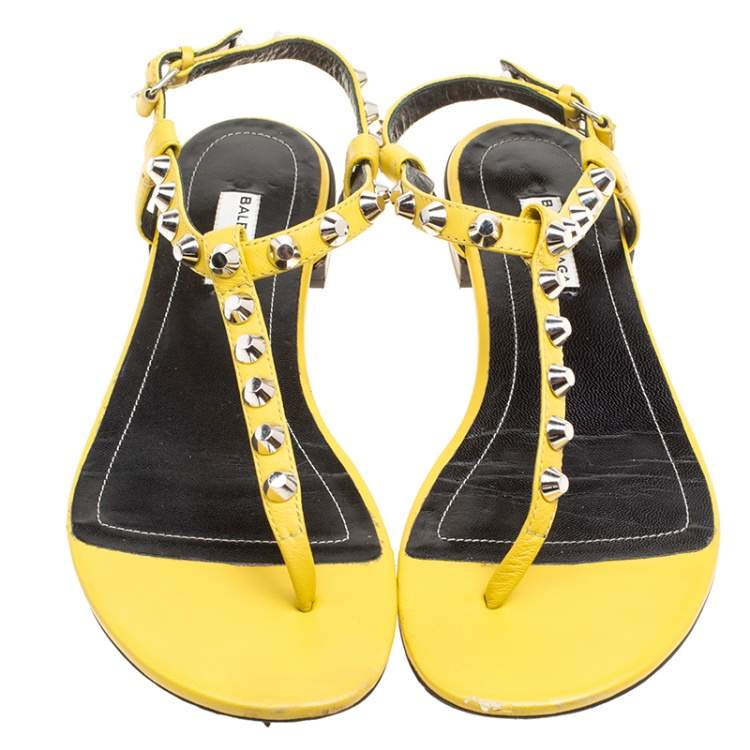 Pre Owned Balenciaga Yellow Leather Arena Studded Thong Sandals Size 38