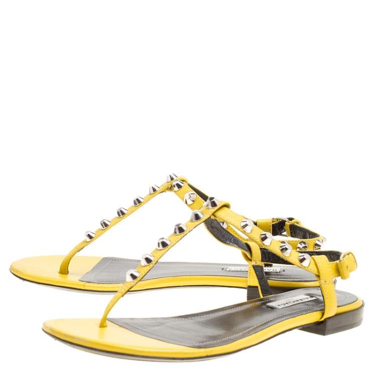 Pre Owned Balenciaga Yellow Leather Arena Studded Thong Sandals Size 38