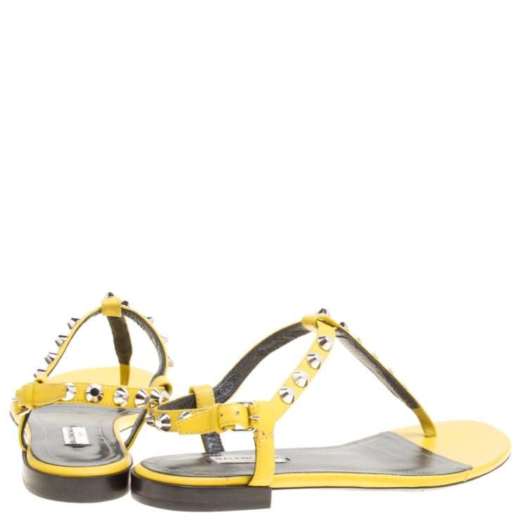 Pre Owned Balenciaga Yellow Leather Arena Studded Thong Sandals Size 38