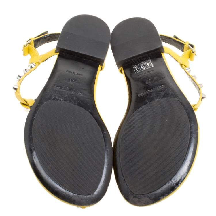 Pre Owned Balenciaga Yellow Leather Arena Studded Thong Sandals Size 38