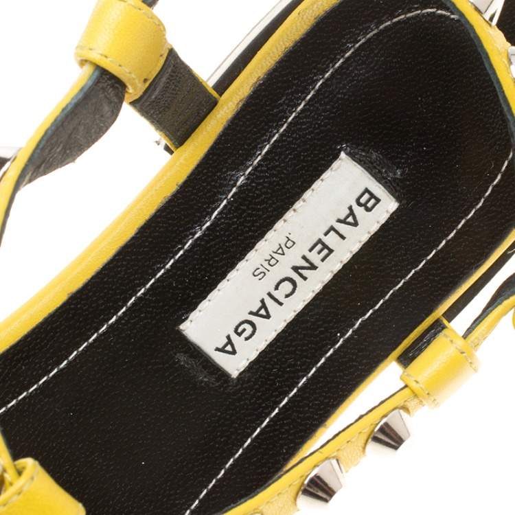 Pre Owned Balenciaga Yellow Leather Arena Studded Thong Sandals Size 38