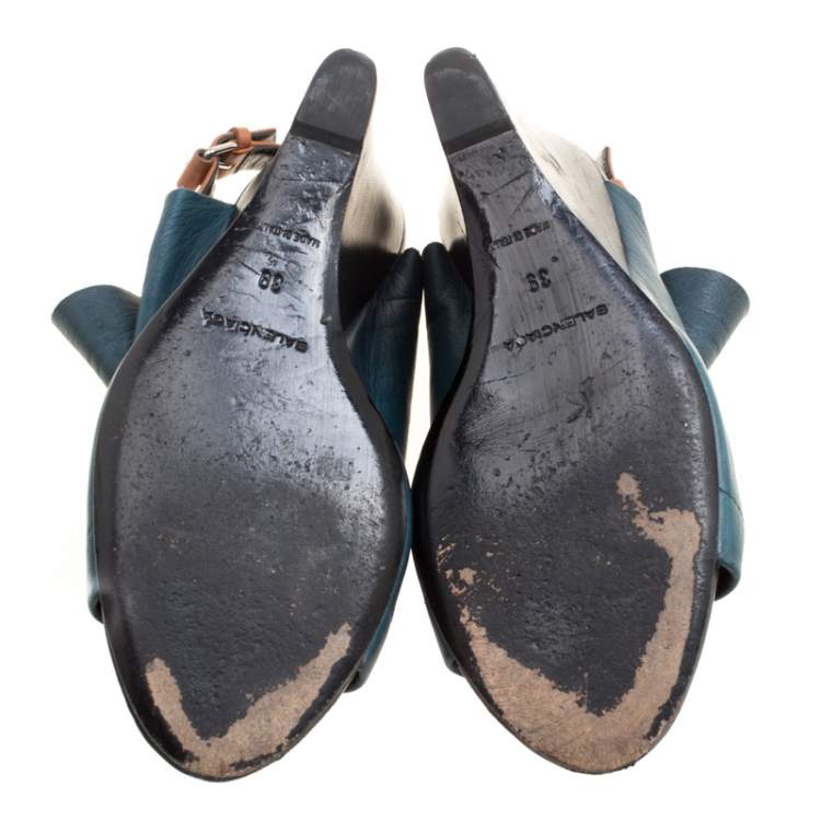Pre Owned Balenciaga Teal Leather Gloves Wedge Sandals Size 39