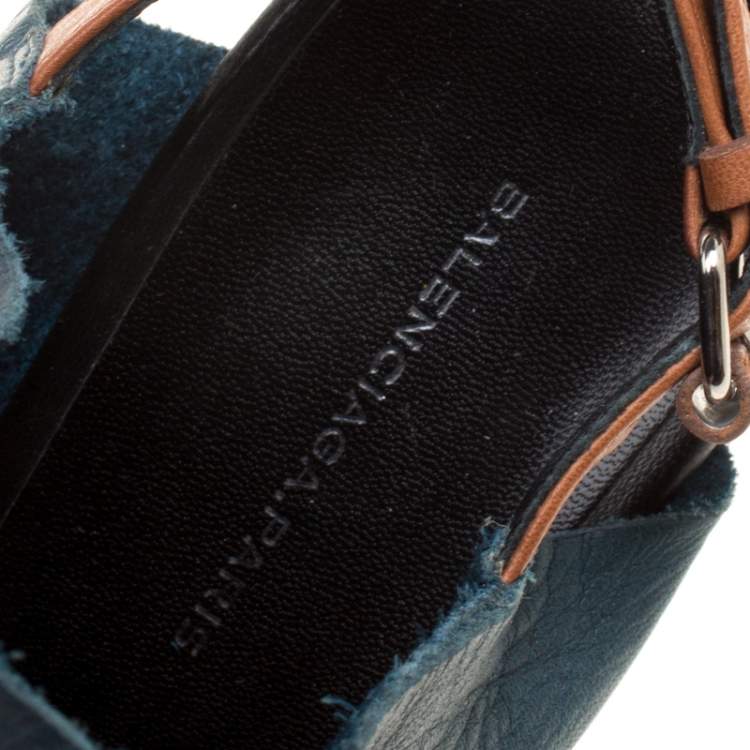 Pre Owned Balenciaga Teal Leather Gloves Wedge Sandals Size 39