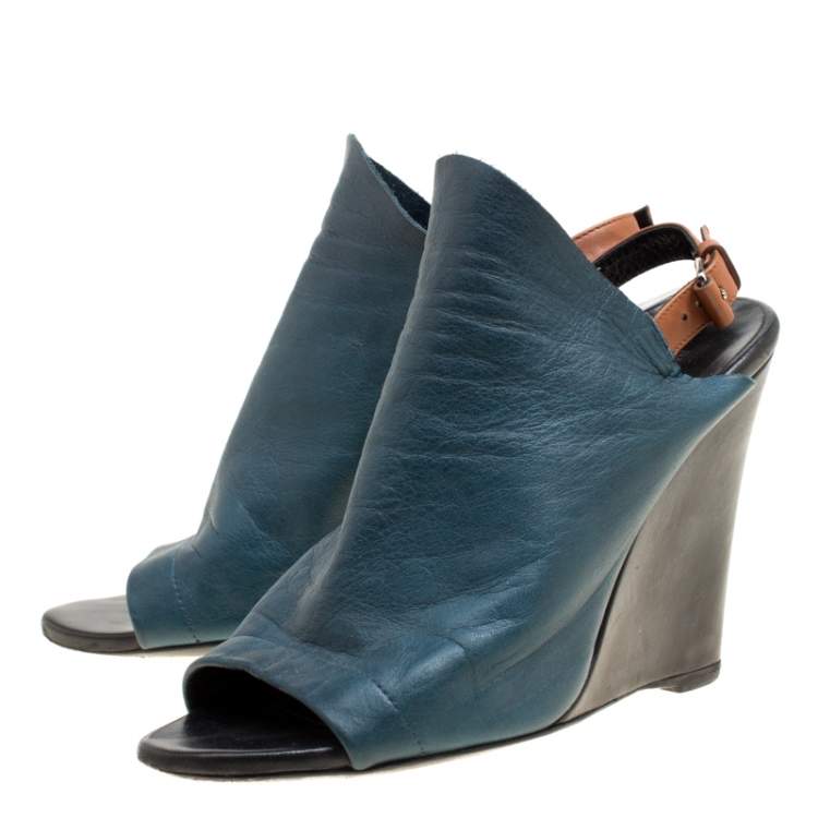 Pre Owned Balenciaga Teal Leather Gloves Wedge Sandals Size 39