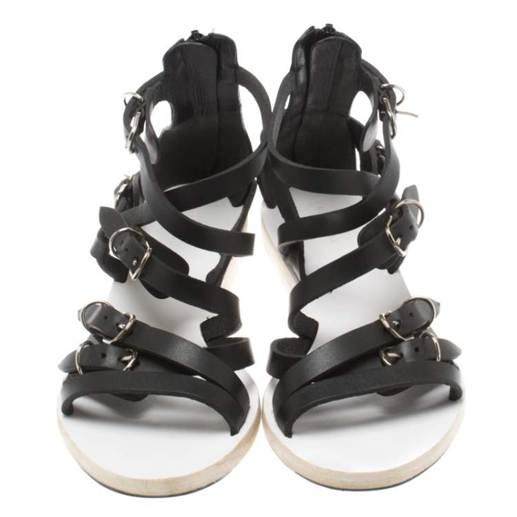 Pre Owned Balenciaga Black leather Gladiator Flat Sandals Size 35.5