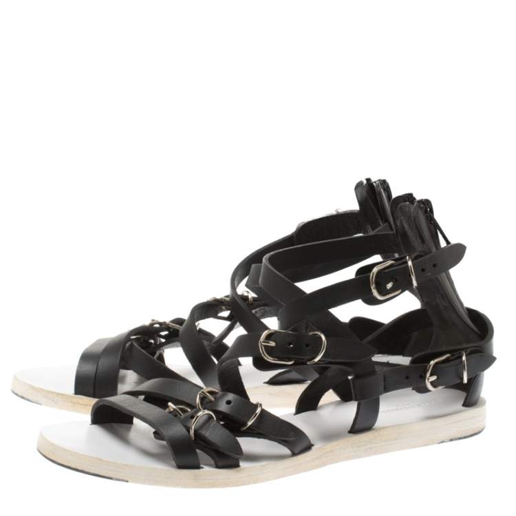 Pre Owned Balenciaga Black leather Gladiator Flat Sandals Size 35.5
