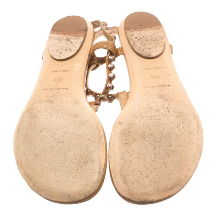 Pre Owned Balenciaga Beige Studded Leather Arena Thong Sandals Size 39.5