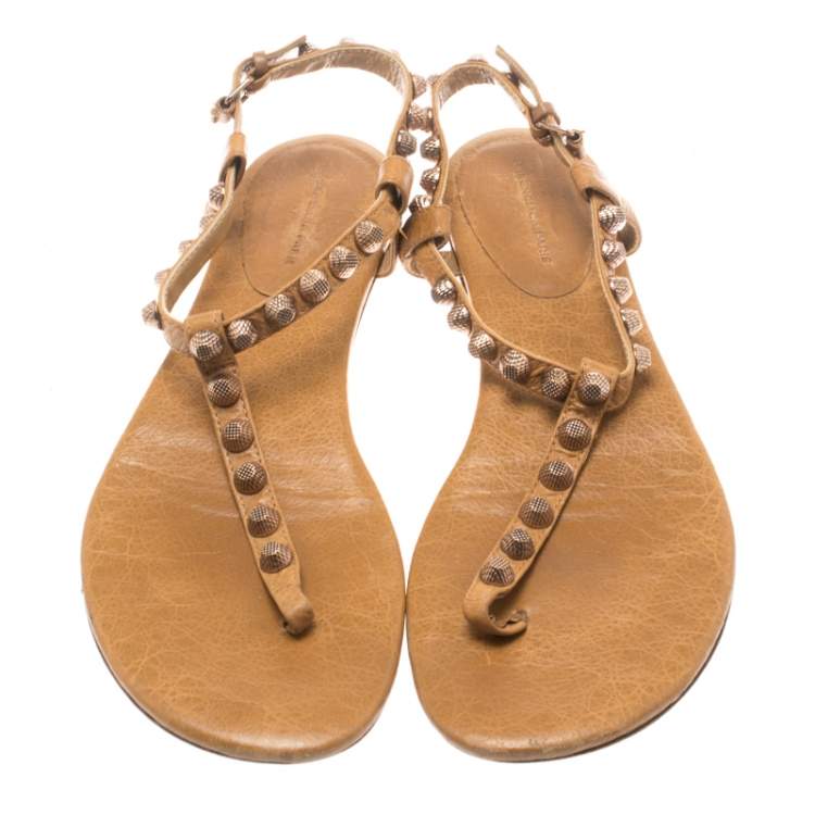 Pre Owned Balenciaga Beige Studded Leather Arena Thong Sandals Size 39.5