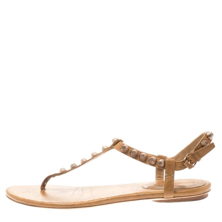 Pre Owned Balenciaga Beige Studded Leather Arena Thong Sandals Size 39.5