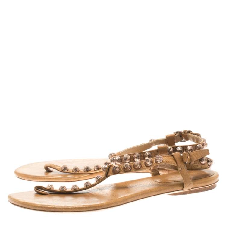 Pre Owned Balenciaga Beige Studded Leather Arena Thong Sandals Size 39.5