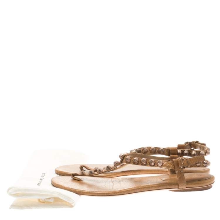 Pre Owned Balenciaga Beige Studded Leather Arena Thong Sandals Size 39.5