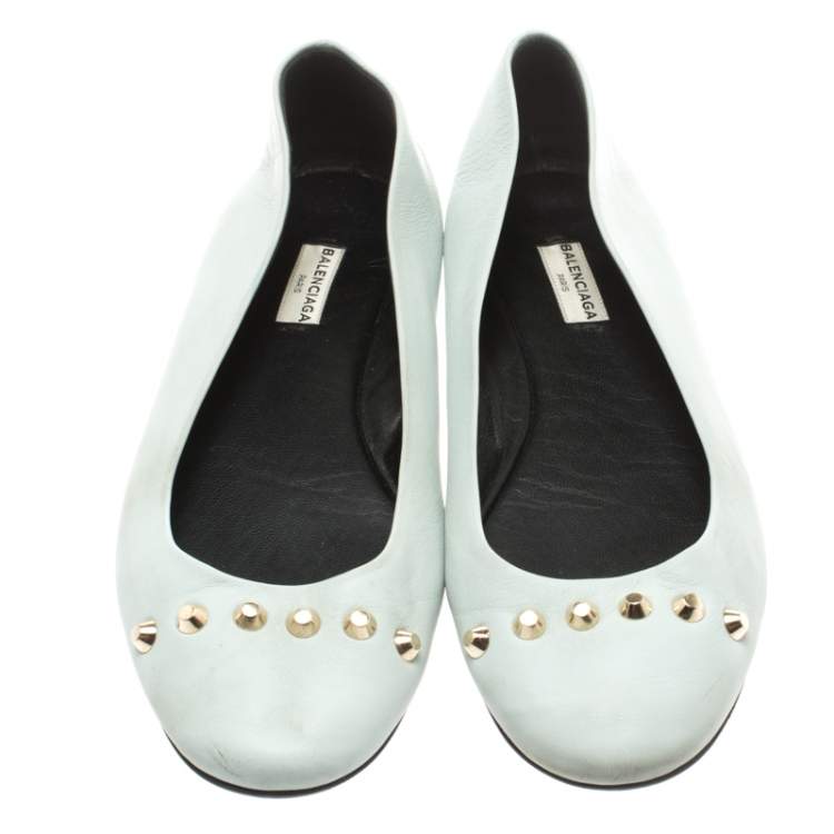 Pre Owned Balenciaga Light Blue Studded Leather Ballet Flats Size 40