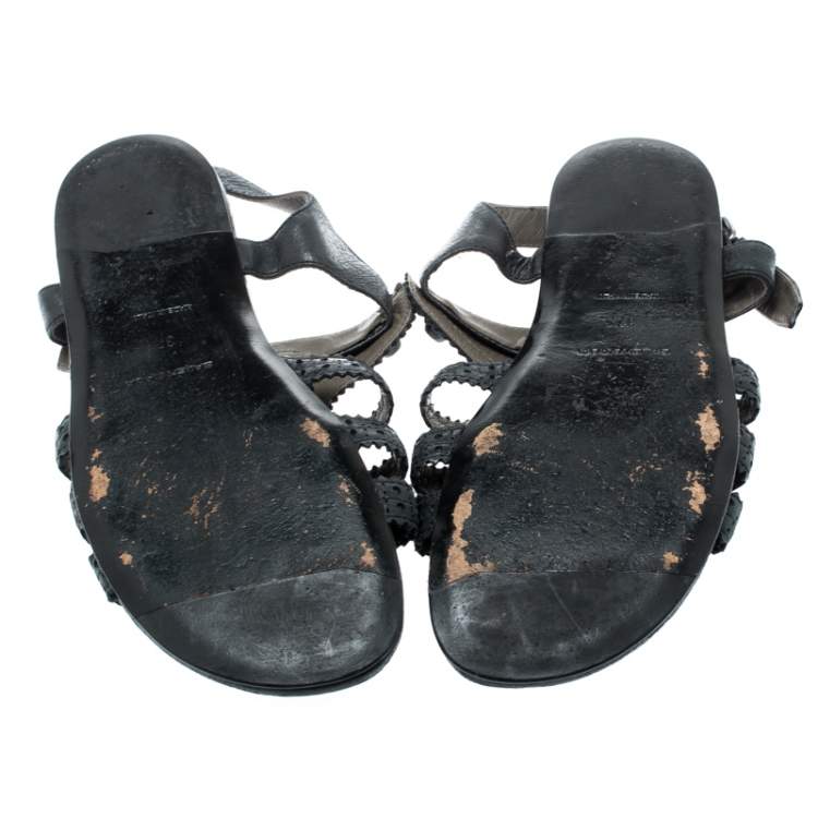 Pre Owned Balenciaga Black Leather Arena T-Strap Flat Sandals Size 37