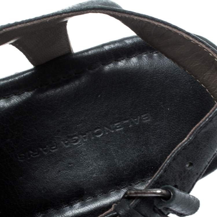 Pre Owned Balenciaga Black Leather Arena T-Strap Flat Sandals Size 37