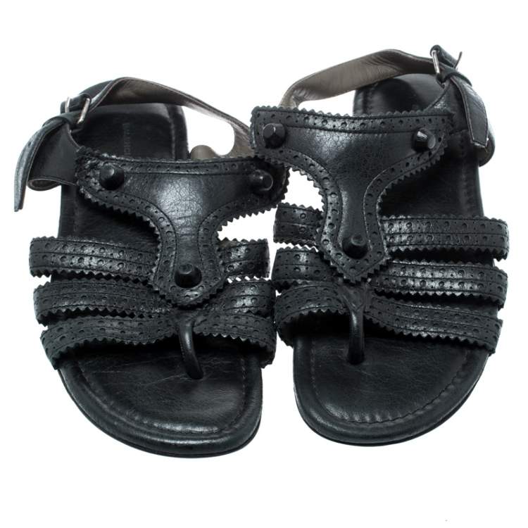 Pre Owned Balenciaga Black Leather Arena T-Strap Flat Sandals Size 37