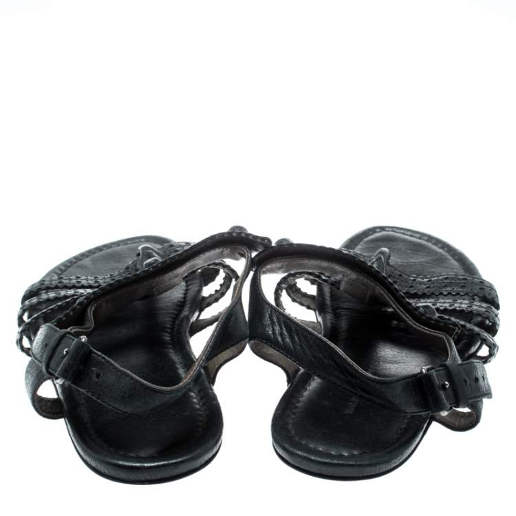 Pre Owned Balenciaga Black Leather Arena T-Strap Flat Sandals Size 37