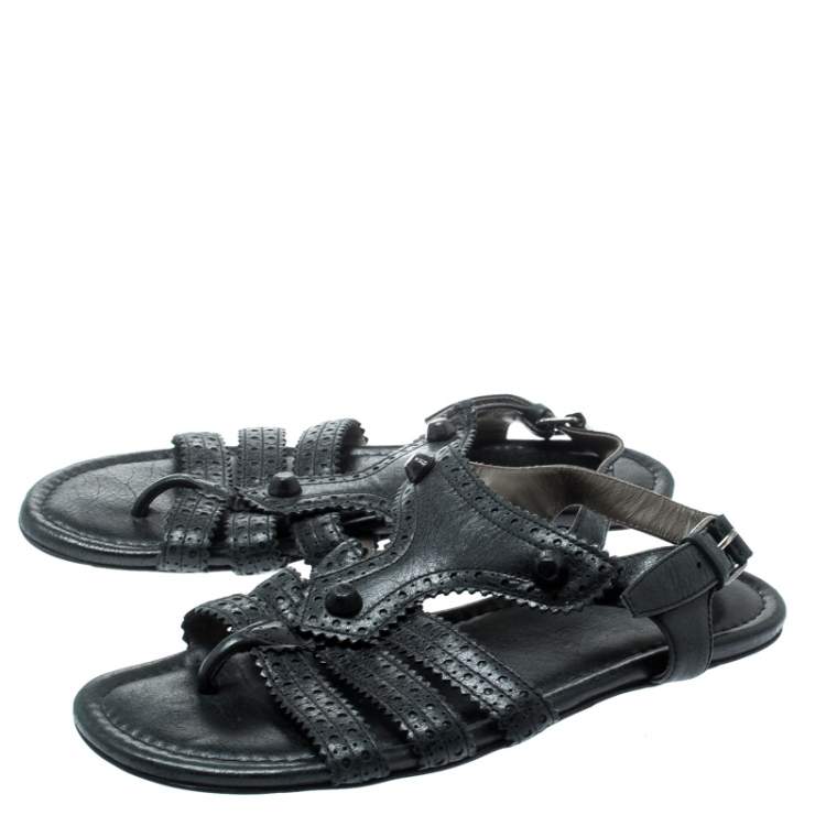 Pre Owned Balenciaga Black Leather Arena T-Strap Flat Sandals Size 37